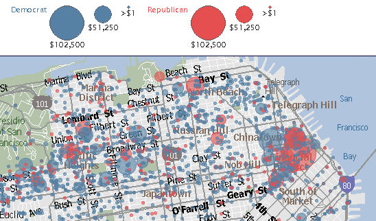 Donations to the Democratic and Republican parties in part of San Francisco, CA, USA 
