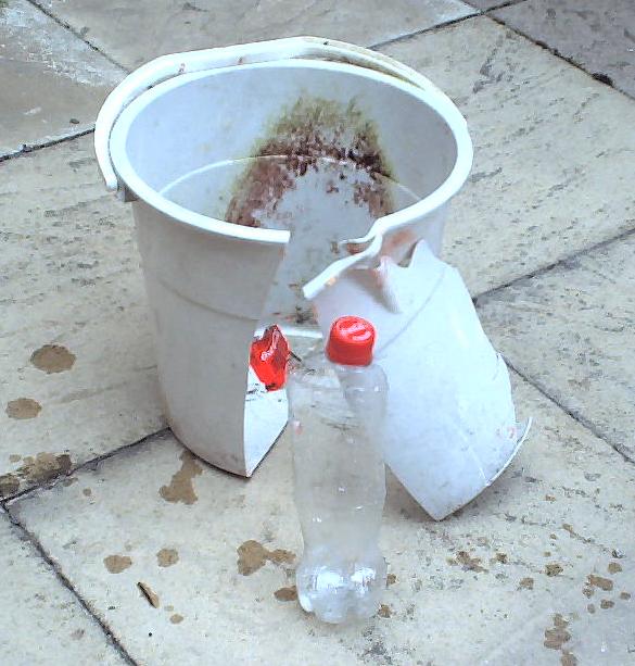 Bucket and Coca-Cola bottle, after a liquid-nitrogen experiment.